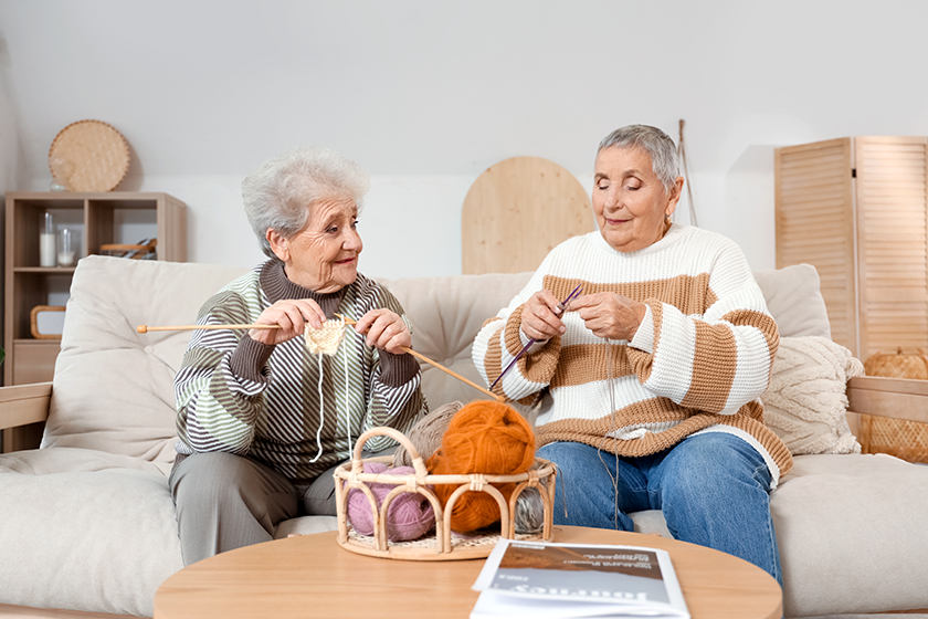 Senior female friends knitting on sofa