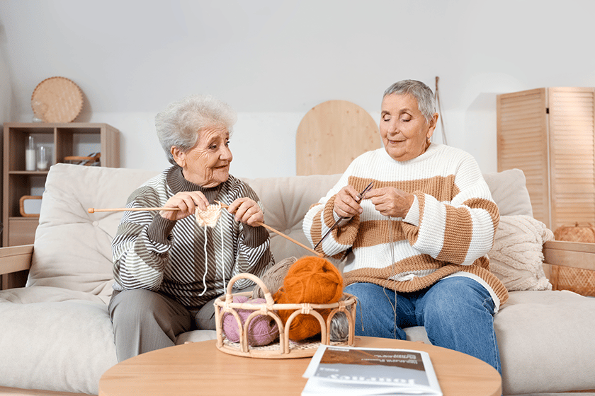 Senior female friends knitting on sofa